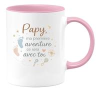 quotedazur - Mug Papy, ma première aventure ce sera avec toi - Tasse Cadeau Annonce Grossesse Naissance Papy Homme - Rose/Céramique