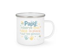 quotedazur - Mug Papy, réserve-moi déjà ta place sur tes genoux - Tasse Cadeau Annonce Grossesse Naissance Papy Homme - Blanc/Emaillé