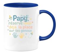 quotedazur - Mug Papy, réserve-moi déjà ta place sur tes genoux - Tasse Cadeau Annonce Grossesse Naissance Papy Homme - Bleu/Céramique