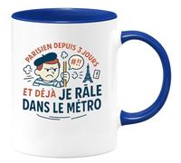 quotedazur - Mug Parisien depuis 3 jours et déjà je râle dans le métro - Tasse Cadeau Humour Homme - Bleu/Céramique