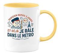 quotedazur - Mug Parisien depuis 3 jours et déjà je râle dans le métro - Tasse Cadeau Humour Homme - Jaune/Céramique
