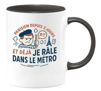 quotedazur - Mug Parisien depuis 3 jours et déjà je râle dans le métro - Tasse Cadeau Humour Homme - Noir/Céramique
