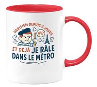 quotedazur - Mug Parisien depuis 3 jours et déjà je râle dans le métro - Tasse Cadeau Humour Homme - Rouge/Céramique