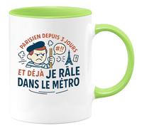 quotedazur - Mug Parisien depuis 3 jours et déjà je râle dans le métro - Tasse Cadeau Humour Homme - Vert/Céramique