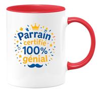 quotedazur - Mug Parrain certifié 100% génial - Tasse Cadeau Baptême Demande Futur Parrain Homme - Rouge/Céramique
