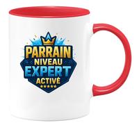 quotedazur - Mug Parrain niveau expert activé - Tasse Cadeau Baptême Demande Futur Parrain Homme - Rouge/Céramique