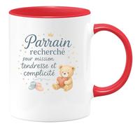 quotedazur - Mug Parrain recherché pour mission tendresse et complicité - Tasse Cadeau Baptême Demande Futur Parrain Homme - Rouge/Céramique