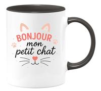 quotedazur - Mug Personnalisé Humour Bonjour Mon Petit Chat Mot Doux Pour Femme Cadeau Noël Original Tasse Idée Douce Et Mignonne - Noir/Céramique