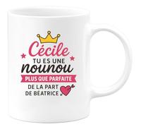 quotedazur - Mug Personnalisé Humour Cécile, Nounou Plus Que Parfaite, Un Cadeau Chaleureux De Béatrice Idéal Pour Noël Tasse Unique Et Originale - Blanc/Céramique