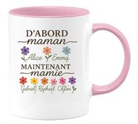 quotedazur - Mug Personnalisé Humour D'Abord Maman Alice Emma Lucas, Maintenant Mamie De Gabriel, Adam, Raphaël, Chloé Et Arthur Cadeau Original Parfait Tasse Pour Noël Exceptionnelle - Rose/Céramique