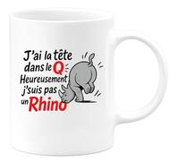 quotedazur - Mug Personnalisé Humour J'Ai La Tête Dans Le Q, Heureusement Pas Un Rhino Homme Cadeau Humoristique Tasse Originale Pour Au Quotidien - Blanc/Céramique
