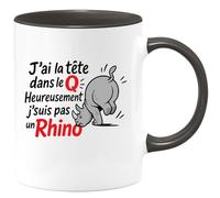 quotedazur - Mug Personnalisé Humour J'Ai La Tête Dans Le Q, Heureusement Pas Un Rhino Homme Cadeau Humoristique Tasse Originale Pour Au Quotidien - Noir/Céramique