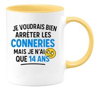 quotedazur - Mug Personnalisé Humour J'Aimerais Arrêter Les Bêtises, Mais Je N'Ai Que Anniversaire 14 Ans 2011 Cadeau Original Tasse Amusante Pour Noël Adolescents Et Jeunes - Jaune/Céramique