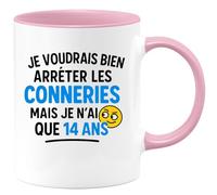 quotedazur - Mug Personnalisé Humour J'Aimerais Arrêter Les Bêtises, Mais Je N'Ai Que Anniversaire 14 Ans 2011 Cadeau Original Tasse Amusante Pour Adolescents Et Jeunes - Rose/Céramique