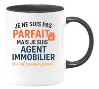 quotedazur - Mug Personnalisé Humour Je Ne Suis Pas Parfait Mais Agent Immobilier, C'Est Presque Pareil Cadeau Original Et Tasse Humoristique Pour Noël - Noir/Céramique