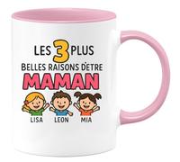 quotedazur - Mug Personnalisé Humour Les 3 Plus Belles Raisons D'Être Maman Lisa, Leon Et Mia Cadeau Original Pour Avec Jolie Tasse Expression D'Amour - Rose/Céramique