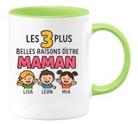 quotedazur - Mug Personnalisé Humour Les 3 Plus Belles Raisons D'Être Maman Lisa, Leon Et Mia Cadeau Original Pour Avec Jolie Tasse Expression D'Amour - Vert/Céramique
