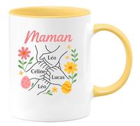 quotedazur - Mug Personnalisé Humour Maman Léo Céline Et Lucas Tasse Spéciale Cadeau Original Prénom Noël Famille Unique Future Anniversaire Fête Des Mères Annonce Naissance - Jaune/Céramique
