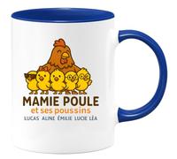 quotedazur - Mug Personnalisé Humour Mamie Poule Avec Ses Poussins Lucas, Aline, Émilie, Lucie Et Léa Idée Cadeau Original Tasse Pour Noël Grand-Mère Unique Tendre - Bleu/Céramique