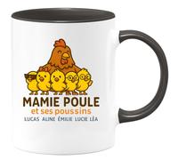 quotedazur - Mug Personnalisé Humour Mamie Poule Avec Ses Poussins Lucas, Aline, Émilie, Lucie Et Léa Idée Cadeau Original Tasse Pour Noël Grand-Mère Unique Tendre - Noir/Céramique