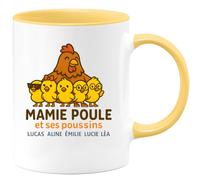 quotedazur - Mug Personnalisé Humour Mamie Poule Avec Ses Poussins Lucas, Aline, Émilie, Lucie Et Léa Idée Cadeau Original Tasse Pour Noël Grand-Mère Unique Tendre - Jaune/Céramique