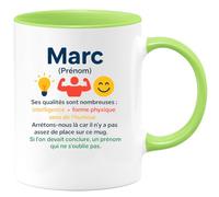 quotedazur - Mug Personnalisé Humour Marc, Prénom Synonyme De Dieu, Doté D'Intelligence, Forme Physique Et Sur Cette Tasse. Idée Cadeau Noël Originale Unique - Vert/Céramique