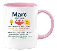 quotedazur - Mug Personnalisé Humour Marc, Prénom Synonyme De Dieu, Doté D'Intelligence, Forme Physique Et Sur Cette Tasse. Idée Cadeau Noël Originale Unique - Rose/Céramique