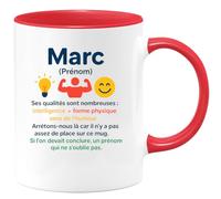 quotedazur - Mug Personnalisé Humour Marc, Prénom Synonyme De Dieu, Doté D'Intelligence, Forme Physique Et Sur Cette Tasse. Idée Cadeau Noël Originale Unique - Rouge/Céramique