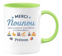 quotedazur - Mug Personnalisé Humour Merci Nounou Pour Ta Patience, Gentillesse Et Bienveillance Prénom Cadeau Noël Original Tasse Exceptionnelle Attentionnée - Vert/Céramique