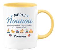 quotedazur - Mug Personnalisé Humour Merci Nounou Pour Ta Patience, Gentillesse Et Bienveillance Prénom Cadeau Noël Original Tasse Exceptionnelle Attentionnée - Jaune/Céramique