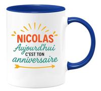 quotedazur - Mug Personnalisé Humour Nicolas, Aujourd'Hui C'Est Ton Anniversaire, Une Journée À Célébrer Cadeau Original Tasse Pour Noël - Bleu/Céramique