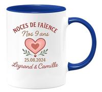 quotedazur - Mug Personnalisé Humour Noces De Faïence 9 Ans, 25/08/2024 Cadeau Original Pour Noël Legrand Camille Tasse Anniversaire - Bleu/Céramique