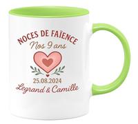 quotedazur - Mug Personnalisé Humour Noces De Faïence 9 Ans, 25/08/2024 Cadeau Original Pour Noël Legrand Camille Tasse Anniversaire - Vert/Céramique