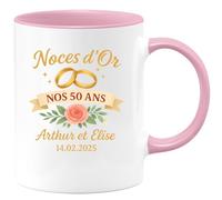 quotedazur - Mug Personnalisé Humour Noces D'Or Nos Anniversaire 50 Ans Arthur Élise 14-02-2025, Cadeau Original Tasse Élégant Pour Inoubliable - Rose/Céramique