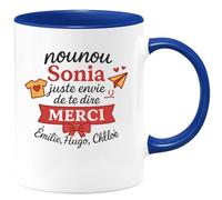 quotedazur - Mug Personnalisé Humour Nounou Sonia, Un Grand Merci D’Émilie, Hugo Et Chloé Cadeau Original Idéal Tasse Pour Noël Attentionnée - Bleu/Céramique