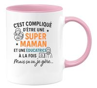 quotedazur - Mug Personnalisé Humour Super Maman Et Éducatrice, Gérer Tout N'Est Pas Simple Mais Je M'En Sors Avec Cadeau Original Pour Tasse - Rose/Céramique
