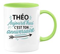 quotedazur - Mug Personnalisé Humour Théo, C'Est Ton Anniversaire Aujourd'Hui, Joyeux Idée Cadeau Noël Originale Tasse Homme - Vert/Céramique