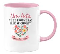 quotedazur - Mug Personnalisé Humour Une Tata Se Choisit Toujours Avec Le Cœur, Un Cadeau Original Plein D'Amour Idéale Tasse Pour Noël Attentionnée - Rose/Céramique