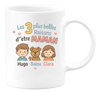 quotedazur - Mug Personnalisé Les 3 Plus Belles Raisons D'Être Maman Avec Hugo, Balu Et Clara Cadeau Tasse Pour Au Prénom Noël Future Anniversaire - Blanc/Céramique