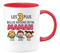 quotedazur - Mug Personnalisé Les 3 Plus Belles Raisons D'Être Maman Lisa, Leon Et Mia Cadeau Pour Noël Avec Jolie Tasse Expression D'Amour Future Anniversaire - Rouge/Céramique