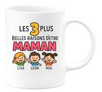 quotedazur - Mug Personnalisé Les 3 Plus Belles Raisons D'Être Maman Lisa, Leon Et Mia Cadeau Pour Noël Avec Jolie Tasse Expression D'Amour Future Anniversaire - Blanc/Céramique