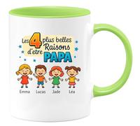 quotedazur - Mug Personnalisé Les 4 Plus Belles Raisons D'Être Papa Avec Emma, Lucas, Jade Et Léa Cadeau Tasse Pour Noël Futur Anniversaire Fête Des Pères - Vert/Céramique