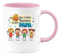 quotedazur - Mug Personnalisé Les 4 Plus Belles Raisons D'Être Papa Avec Emma, Lucas, Jade Et Léa Cadeau Tasse Pour Noël Futur Anniversaire Fête Des Pères - Rose/Céramique