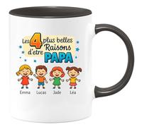 quotedazur - Mug Personnalisé Les 4 Plus Belles Raisons D'Être Papa Avec Emma, Lucas, Jade Et Léa Cadeau Tasse Pour Noël Futur Anniversaire Fête Des Pères - Noir/Céramique