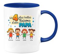 quotedazur - Mug Personnalisé Les 4 Plus Belles Raisons D'Être Papa Avec Emma, Lucas, Jade Et Léa Cadeau Tasse Pour Noël Futur Anniversaire Fête Des Pères - Bleu/Céramique