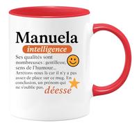 quotedazur - Mug Personnalisé Manuela Prénom Féminin Synonyme D’Intelligence, Gentillesse Et Une Déesse Inoubliable. Cadeau Tasse Pour Noël Femme - Rouge/Céramique