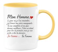 quotedazur - Mug Personnalisé Mon Homme, Le Jour Où Je T’Ai Rencontré, J’Ai Trouvé Ma Pièce Manquante. Tu Me Complètes, T’Aime. Cadeau Romantique Tasse Amour Pour Exceptionnelle - Jaune/Céramique