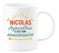 quotedazur - Mug Personnalisé Nicolas, Aujourd'Hui C'Est Ton Anniversaire, Une Journée À Cadeau Tasse Pour Noël - Blanc/Céramique