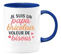 quotedazur - Mug Personnalisé Papa Bricoleur, Voleur De Bisous Tasse Cadeau Parfaite Pour Noël Avec Futur Anniversaire Fête Des Pères Annonce Naissance - Bleu/Céramique
