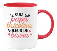 quotedazur - Mug Personnalisé Papa Bricoleur, Voleur De Bisous Tasse Cadeau Parfaite Pour Noël Avec Futur Anniversaire Fête Des Pères Annonce Naissance - Rouge/Céramique